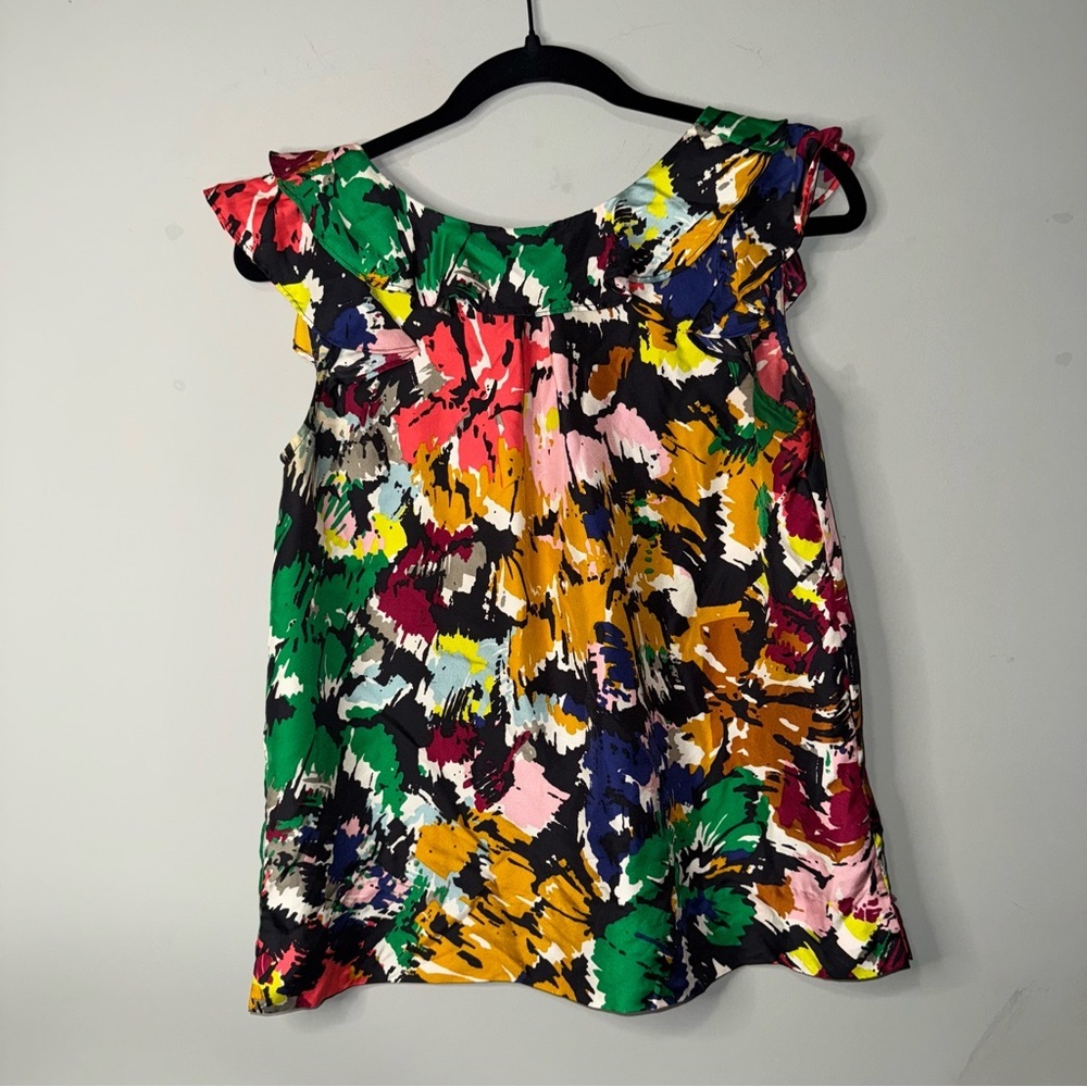 J.Crew Silk Multicolor Abstract Brushstroke Ruffle Neck Sleeveless Blouse Size 2